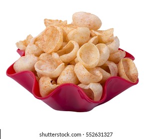 isolated wheat cup & katori fryums in red bowl image 
