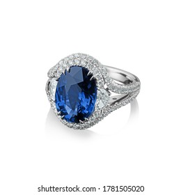 Isolated white gold ring with diamonds and huge blue sapphire - Shutterstock ID 1781505020