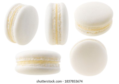 Isolated White Macarons Collection. Vanilla Or Coconut Macaroon At Different Angles Isolated On White Background