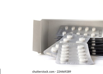 Isolated White Medical Pills With Box On White Background; Medical Pills For Someone Who Sick And Ill. It Use In Hospital By Doctor And Nurse.