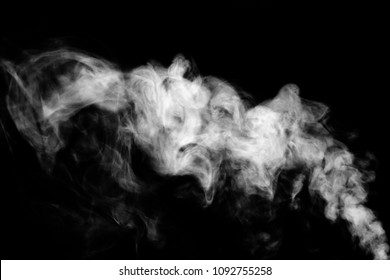 Isolated White Smoke Effect On Black Background. Empty Copy Space For Text On Nature Motion Smoky Steam Wave For Abstract Environment Pollution, Cigarette, Gas, Dry Ice, Chemistry And Factory.