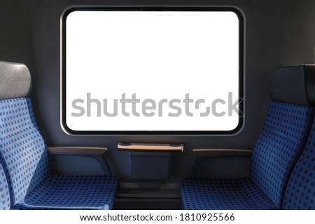 Isolated white window backgrounds on clean hygiene empty seat on europe Germany public transportation train subway bus with sunlight for traveler to travel during vacation with custom view