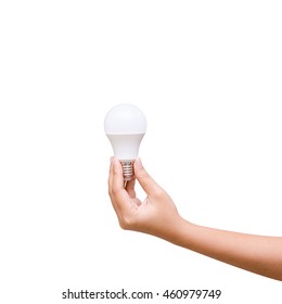 Isolated of woman hand holding LED bulb on white background