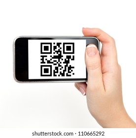 Isolated Woman Hand Holding The Phone Tablet Touch Computer Gadget With Qr Code