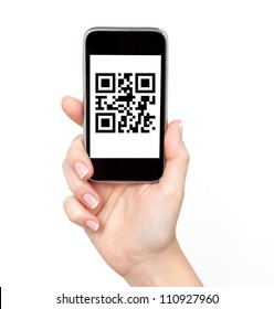 Isolated Woman Hand Holding The Phone Tablet Touch Computer Gadget With Qr Code