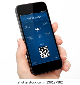 Isolated Woman Hand Holding The Phone Touch With A Mobile Wallet And Plane Ticket