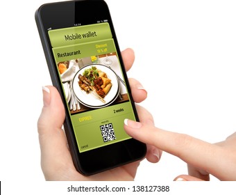 Isolated Woman Hand Holding The Phone Touch With A Mobile Wallet And Ticket Discount In Restaurant