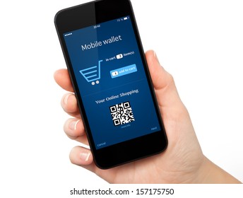 Isolated Woman Hand Holding The Phone With Mobile Wallet Onlain Shopping On The Screen