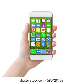 isolated woman hand holding white phone with home screen icons apps