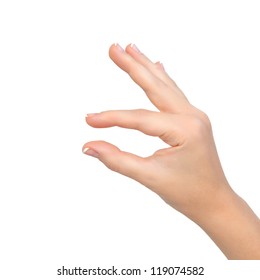 Isolated Woman Hand Shows The Pinch To Zoom Or Holding The Object