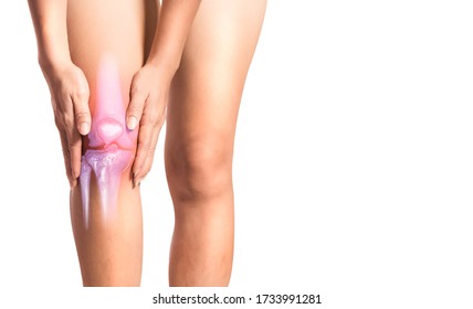 Isolated woman touching right knee joint, OA knee joint concept - Shutterstock ID 1733991281