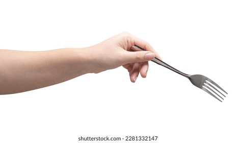 isolated of a woman's hand holding a silver fork to pick food.