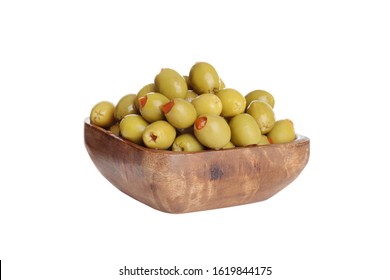  Isolated Wood Bowl Of Pimento Green Olives