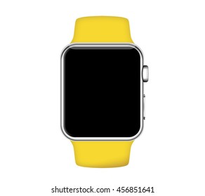 Isolated Yellow Band Silver Aluminum Case Smart Watch On White Background