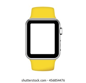 Isolated Yellow Band Silver Aluminum Case Smart Watch On White Background