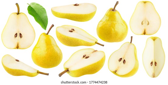 Isolated yellow pears collection. Pear fruit pieces of different shapes isolated on white background - Shutterstock ID 1774474238