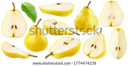 Isolated yellow pears collection. Pear fruit pieces of different shapes isolated on white background