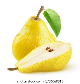 Isolated yellow pears. One and a half pears isolated over white background - Shutterstock ID 1786069313