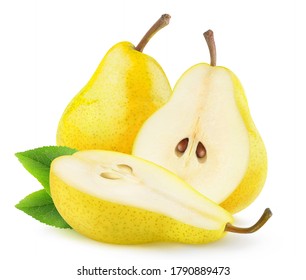 Isolated yellow pears. One whole pear fruit and one cut in half isolated on white background - Shutterstock ID 1790889473