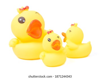 Isolated Yellow Rubber Duck. Collection Of Yellow Rubber Ducks Family On White Background. It Is A Toy For Children. Clipping Path.