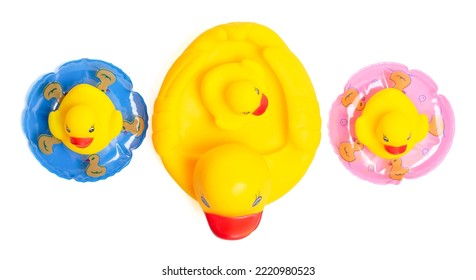 Isolated Yellow Rubber Duck. Top View Collection Of Yellow Rubber Ducks Family On White Background. It Is A Toy For Children. Clipping Path.