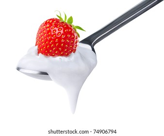 Isolated Yogurt. Spoon Of Natural Yogurt With Strawberry On Top Isolated On White Background