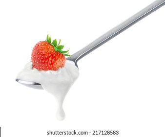 Isolated Yogurt. Spoon Of Strawberry Yogurt Isolated On White, With Clipping Path