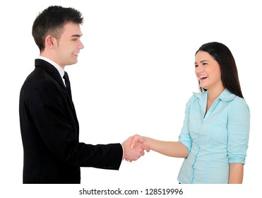 Isolated young business couple handshake