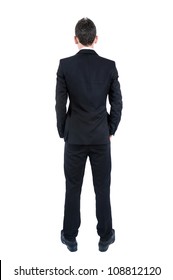 Isolated young business man back view