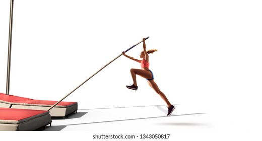 Isolated Young Female Pole Vault Athlete With Pole Bar In Starting Line. Women In Sport Clothes On White Background