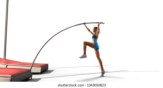 Isolated Young female pole vault athlete with pole bar in starting line. Women in sport clothes on white background - Powered by Shutterstock