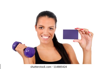 Isolated Young Fitness Woman With Dumbbell And Business Card