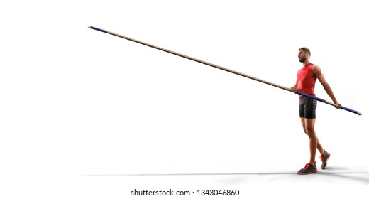 Isolated Young male pole vault athlete with pole bar. Men in sport clothes on white background - Shutterstock ID 1343046860
