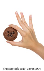 Isolation Hand Holding Cookie On White Studio Background.