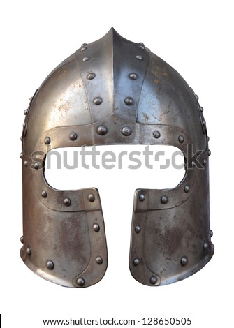 Isolation Of The Helmet Of A Medieval Suit Of Armour On A White Background