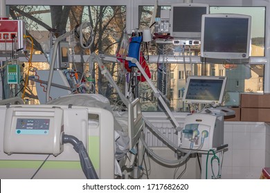 Isolation Room In Intensive Care Unit. Patient Connected To Medical Ventilator And Dialysis Machine . Place Where Can Be Treated Patients With Pneumonia Caused By Coronavirus Covid-19