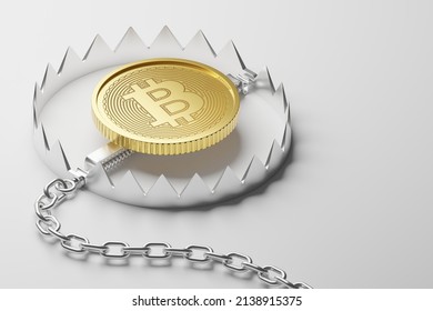 Isometric 3D rendering gold Bitcoin with iron trap, Cryptocurrency investment technology digital money risk concept design on white background with copy space