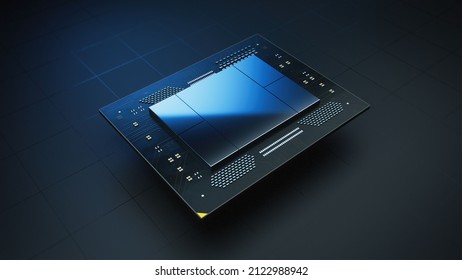 Isometric Beauty Shot of Advanced Computer Processor Chip in Dark Environement