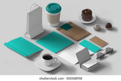 Isometric Mockup Branding Template. Empty Background Isolated Collage Set Of Objects. Corporate Identity 3d Concept. Cup, Stationery, Cards, Paper Bag, Glasses, Brochure.