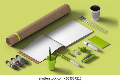 Isometric Mockup Branding Template. Empty Green Background Isolated Collage Set Of Objects. Corporate Identity 3d Concept. Art Cardboard Tube, Stationery, Tubes With Paint, Brushes, Cup.