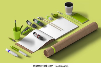 Isometric Mockup Branding Template. Empty Green Background Isolated Collage Set Of Objects. Corporate Identity 3d Concept. Art Cardboard Tube, Stationery, Tubes With Paint, Brushes, Cup.