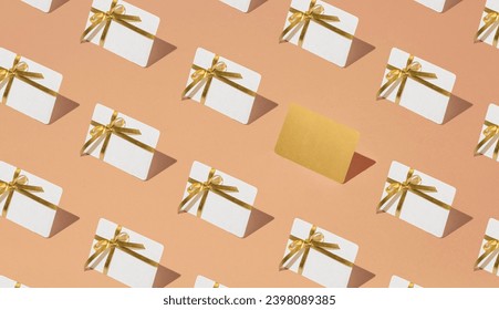 Isometric pattern of credit cards, gift cards, bonus cards. consumer concept, on a red background. Gifts for Christmas, Valentine's Day and birthday - Powered by Shutterstock