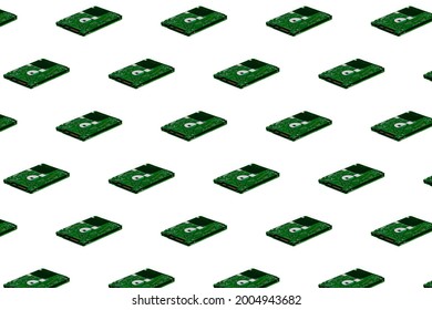 Isometric pattern of hard disk drives on white background