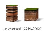 Isometric Soil Layers diagram, Cross section of green grass and underground soil layers beneath, stratum of organic, minerals, sand, clay, Isometric soil layers isolated on white