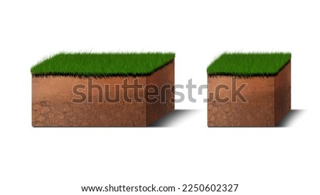 Isometric Soil Layers diagram, Cross section of green grass and underground soil layers beneath, stratum of organic, minerals, sand, clay, Isometric soil layers isolated on white
