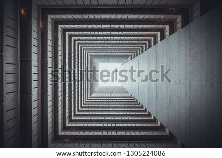 Isometric square bottom view from inside building. Architecture art, design abstract background, or construction industry concept