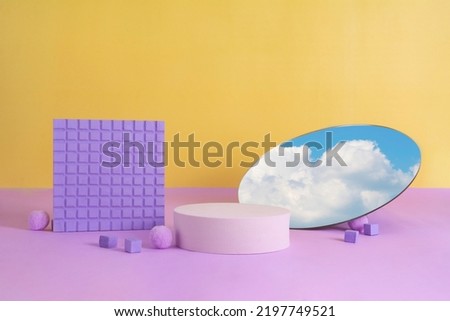 Isometric vaporware very peri scene, circular mirror, yellow and pink background