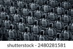 Isometric view of Rows of Industrial Humanoid Robots with Glass Visors. Large Amount of Humanoid Robots Standing in Rows