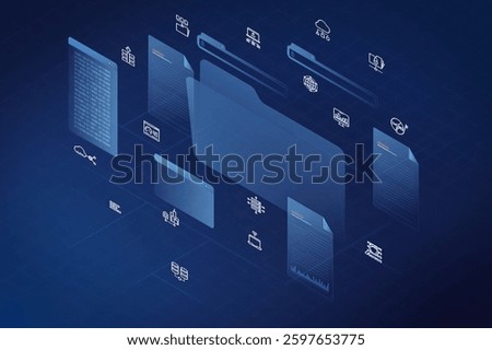 Isometric view of virtual folders and documents floating in a digital space, representing modern file organization and data management in a cyber environment.