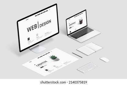 Isometric Web Design Studio Desk With Computer Display, Laptop And Concept Page Layout